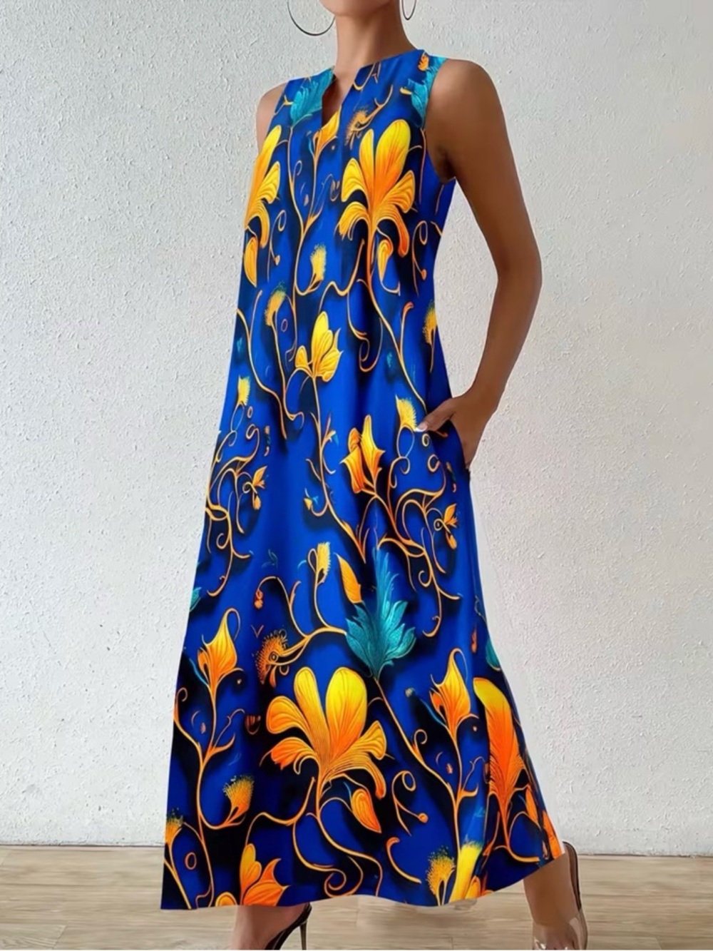 Blue Floral A-Line Maxi Dress Sleeveless Pockets Flowy Boho L - Picture 3 of 4